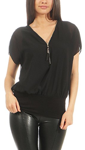 Malito Damen Kurzarm Bluse im Fledermaus Look | Tunika mit Zipper | T-Shirt mit breitem Bund | Shirt - elegant 6298 (schwarz) von malito more than fashion