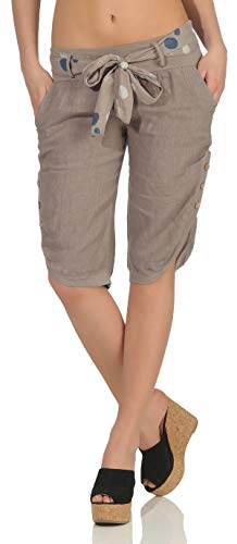 Malito Damen Kurze Hose aus Leinen | Caprihose in Unifarben | feine Freizeithose mit Gürtel | Stoffhose - Chino 8186 (Fango, XL) von malito more than fashion