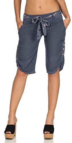 Malito Damen Kurze Hose aus Leinen | Caprihose in Unifarben | feine Freizeithose mit Gürtel | Stoffhose - Chino 8186 (Jeansblau, L) von malito more than fashion