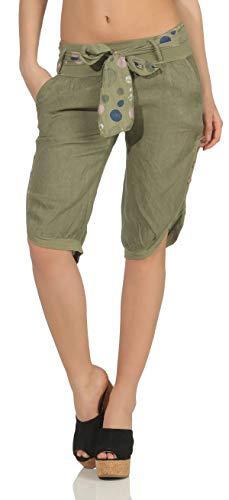 Malito Damen Kurze Hose aus Leinen | Caprihose in Unifarben | feine Freizeithose mit Gürtel | Stoffhose - Chino 8186 (Oliv, M) von malito more than fashion