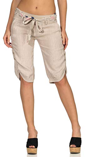 Malito Damen Kurze Hose aus Leinen | Caprihose in Unifarben | feine Freizeithose mit Gürtel | Stoffhose - Chino 8186 (beige, L) von malito more than fashion