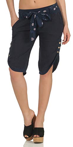 Malito Damen Kurze Hose aus Leinen | Caprihose in Unifarben | feine Freizeithose mit Gürtel | Stoffhose - Chino 8186 (dunkelblau, L) von malito more than fashion