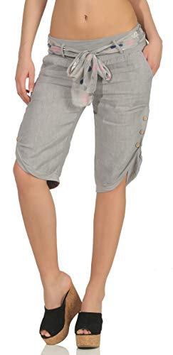 Malito Damen Kurze Hose aus Leinen | Caprihose in Unifarben | feine Freizeithose mit Gürtel | Stoffhose - Chino 8186 (hellgrau, S) von malito more than fashion