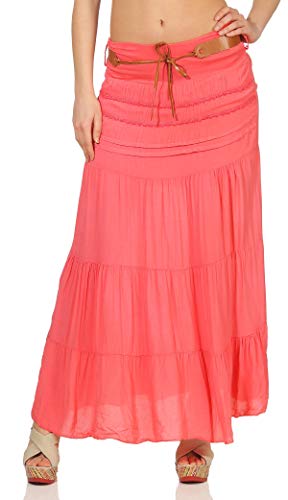 Malito – Rock Damen bodenlang aus Baumwolle mit elegantem Strickmuster & Kunstleder Gürtel – Maxi Rock lang mit breitem Bund – Luftiger Sommerrock 1116 (Coral 34-40) von malito more than fashion