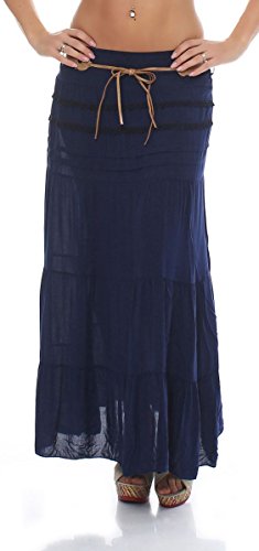 Malito – Rock Damen bodenlang aus Baumwolle mit elegantem Strickmuster & Kunstleder Gürtel – Maxi Rock lang mit breitem Bund – Luftiger Sommerrock 1116 (Dunkelblau 34-40) von malito more than fashion