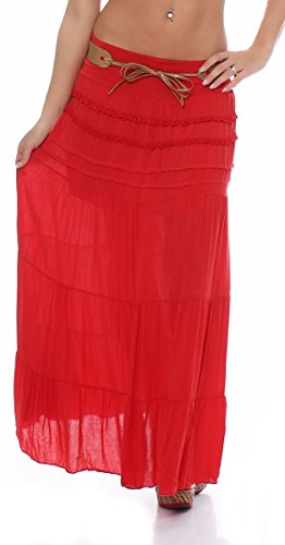 Malito – Rock Damen bodenlang aus Baumwolle mit elegantem Strickmuster & Kunstleder Gürtel – Maxi Rock lang mit breitem Bund – Luftiger Sommerrock 1116 (Rot 34-40) von malito more than fashion