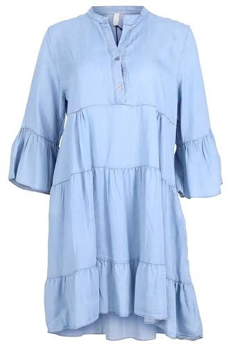 Malito - Damen Midi Denimkleid - Jeanskleid 3/4 Arm - atmungsaktives Sommerkleid - Volantkleid in Jeans-Optik 2308 - Hellblau von malito more than fashion