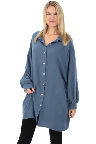 Malito Damen Musselin Bluse - Langarm Blusenhemd - langes Oversize Hemd aus Baumwolle - Long Shirt Strand Cover Up 20914 (Jeansblau 34-46) von malito more than fashion