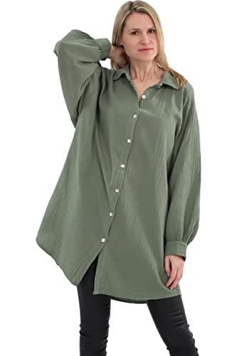 Malito Damen Musselin Bluse - Langarm Blusenhemd - langes Oversize Hemd aus Baumwolle - Long Shirt Strand Cover Up 20914 (Oliv 34-46) von malito more than fashion