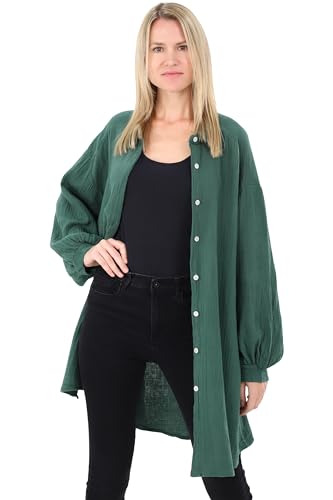 Malito Damen Musselin Bluse - Langarm Blusenhemd - langes Oversize Hemd aus Baumwolle - Long Shirt Strand Cover Up 20914 (dunkelgrün 34-46) von malito more than fashion