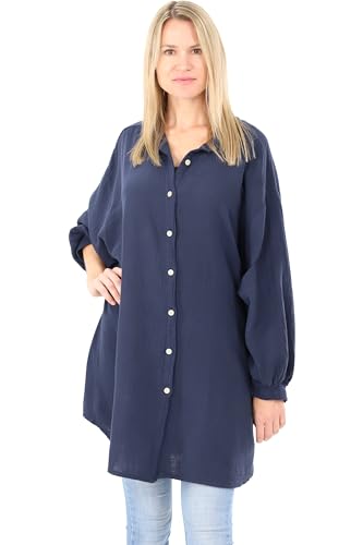 Malito Damen Musselin Bluse - Langarm Blusenhemd - langes Oversize Hemd aus Baumwolle - Long Shirt Strand Cover Up 20914 (dunkelblau 34-46) von malito more than fashion