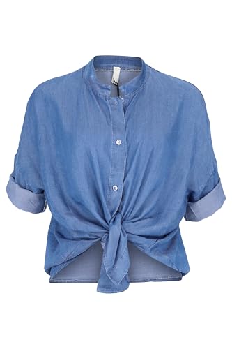 Malito - Damen Oversized-Bluse - Denimbluse mit Knotendetail - hautfreundliche Bluse in Jeans-Optik - Kurzarm Jeansbluse 2309 - Blau von malito more than fashion