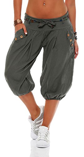 Malito - Kurze Haremshose - Unisize Pumphose aus Baumwolle - Leichte Stoffhose - Bequeme Sommerhose für warme Tage - Dünne Aladinhose 3416 (Oliv) von malito more than fashion