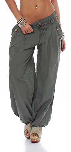 Malito - Damen Haremshose - Leichte Stoffhose aus Baumwolle - Bequeme Hippie Sommerhose für warme Tage - Aladinhose/Pumphose 3417 (Oliv) von malito more than fashion