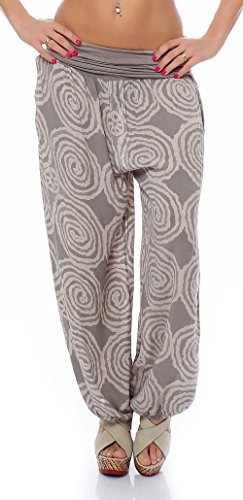 Malito – Haremshose Damen mit Spiral-Muster – Unisize Pumphose aus Baumwolle – Leichte Sommerhose für warme Tage – Stoffhose zum Tanzen & Chillen – Aladinhose für Frauen 1718 (Fango) von malito more than fashion