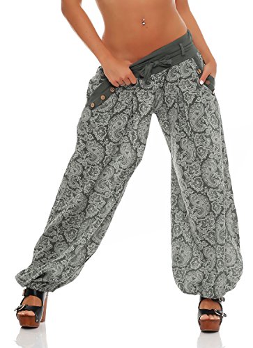 Malito – Damen Haremshose Orient Print aus Baumwolle – Leichte Stoffhose mit elastischem Bund – Bequeme Hippie Hose für Strand & Alltag – Aladinhose für Frauen 3488 (Oliv) von malito more than fashion