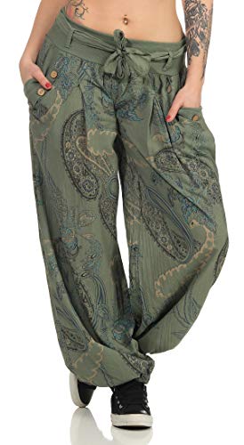 Malito – Haremshose Damen mit Print – Unisize Pumphose aus Baumwolle – Leichte Stoffhose – Sommerhose für warme Tage – Dünne Aladinhose für Frauen 3485 (Oliv) von malito more than fashion