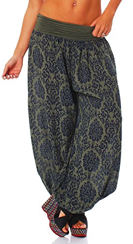 Malito - Damen Pumphose mit Yoga Muster - Haremshose zum Tanzen & Chillen - Lange Aladinhose - Freizeithose 7198 OneSize (Oliv) von malito more than fashion