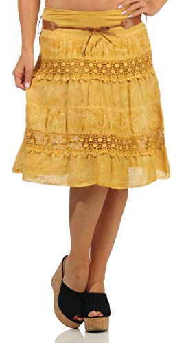 Malito Damen Rock mit Blumen Strickmuster | Glockenrock mit Gürtel | Sommerrock mit Spitze | Minirock - Rock 16167 (dunkelgelb) von malito more than fashion