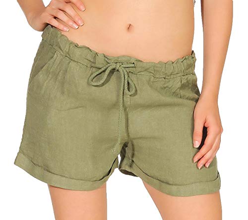 Malito Damen Shorts aus Leinen | lässige Bermuda | Pants für den Strand | Kurze Hose - Hotpants 1964 (Oliv, L) von malito more than fashion