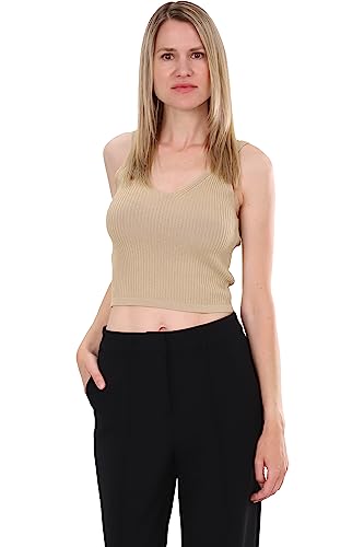 Malito - Damen Strick-Top - Crop Top ärmellos für den Sommer - Tanktop mit V-Ausschnitt - Cami Top in Rippstrick Slimfit 3002 (Größe: 34-38 beige) von malito more than fashion