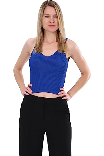 Malito - Damen Strick-Top - Crop Top ärmellos für den Sommer - Tanktop mit V-Ausschnitt - Cami Top in Rippstrick Slimfit 3002 (Größe: 34-38 blau) von malito more than fashion