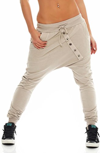 Malito – Jogginhose Damen Baggy aus Baumwolle – Sweathose mit elastischem Bund – Bequeme Low-Waist Haremshose Damen zum Tanzen & Alltag – Sweatpants Frauen Pumphose 8023 (Beige) von malito more than fashion