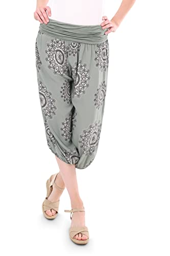 Malito - Haremshose Capri Damen Orient Print aus Baumwolle - Stoffhose elastischer Bund - Kurze Hippie Hose für Strand & Alltag - Aladinhose/Pumphose für Frauen 7196 (Größe: 34-42 Oliv) von malito more than fashion