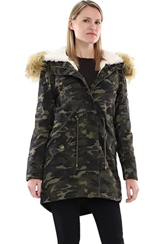 malito – Parka Damen mit Kunstfell-Kapuze, Innenfutter & 5 Fronttaschen – warme Jacke für Herbst & Winter – gefütterte Winterjacke 81099 (Military | Größe XL) von malito more than fashion