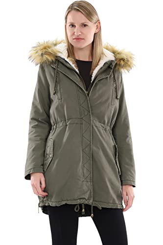 malito – Parka Damen mit Kunstfell-Kapuze, Innenfutter & 5 Fronttaschen – warme Jacke für Herbst & Winter – gefütterte Winterjacke 81099 (Oliv | Größe XL) von malito more than fashion