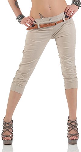 Malito Damen Capri Hose mit Gürtel | Chino Hose mit Stretch | lässige Stoffhose | Skinny - elegant 5398 (beige, L) von malito more than fashion