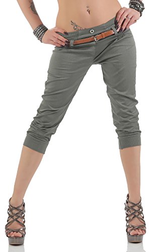 Malito Damen Capri Hose mit Gürtel | Chino Hose mit Stretch | lässige Stoffhose | Skinny - elegant 5398 (Oliv, XL) von malito more than fashion