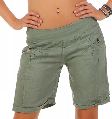 Malito Damen Bermuda aus Leinen | lässige Kurze Hose | Shorts für den Strand | Pants - Hotpants 3001 (Oliv, S) von malito more than fashion