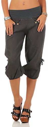 Malito Damen Capri Hose aus Leinen | Stoffhose in Unifarben | Freizeithose für den Strand | Chino - Kurze Hose 6302 (dunkelgrau, L) von malito more than fashion