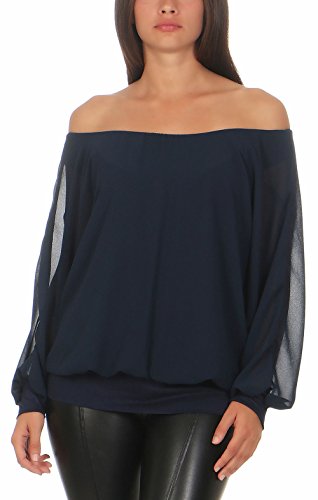 Malito Damen Chiffon Langarm Bluse | Tunika mit weiten Ärmeln | Blusenshirt mit breitem Bund | elegant - schick 6291 (dunkelblau) von malito more than fashion