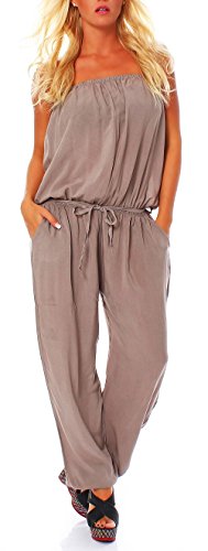 malito - Damen Jumpsuit - langer Einteiler - Overall Carmen Ausschnitt - Hosenanzug Uni - Romper Leo-Print 4538 - (Fango) von malito more than fashion