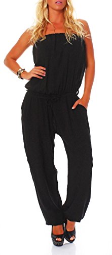 malito - Damen Jumpsuit - langer Einteiler - Overall Carmen Ausschnitt - Hosenanzug Uni - Romper Leo-Print 4538 - (Schwarz) von malito more than fashion