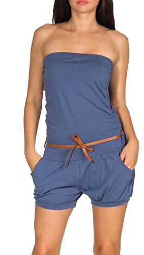 malito - Damen Jumpsuit - Einteiler mit Gürtel & Taschen - Bandeau Sommer Overall - kurzer trägerloser Playsuit - unifarbener Romper 8964 (Jeansblau) von malito more than fashion