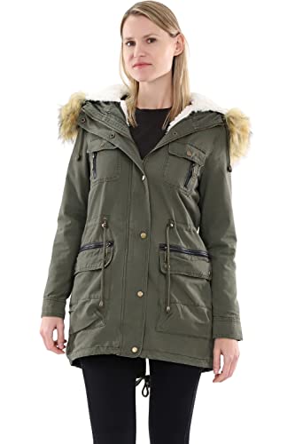 malito Damen Parka mit Kapuze | Winterjacke mit Kunstfell | gefütterter Mantel | Jackett - Trenchcoat 81099 (oliv-81100 M) von malito more than fashion