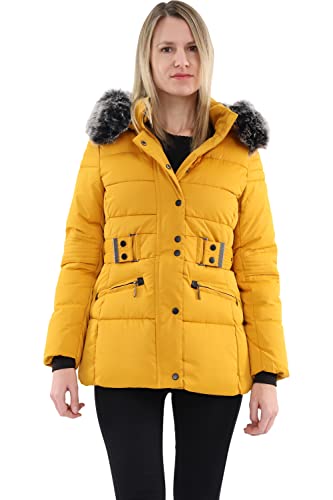 malito Damen Steppmantel | taillierte Winterjacke | Jacke mit Kapuze und Webfellbesatz - Steppjacke 81169 (dunkelgelb - kurz XL) von malito more than fashion