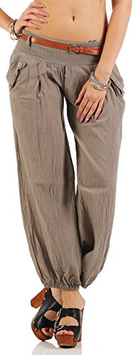 malito Damen Chino Hose in Uni Farben | Freizeithose mit Gürtel | Sommerhose für den Strand | Haremshose - Pumphose 6017 (fango, L) von malito more than fashion