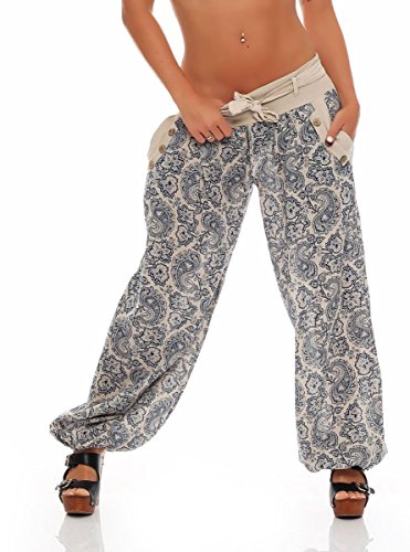 Malito – Damen Haremshose Orient Print aus Baumwolle – Leichte Stoffhose mit elastischem Bund – Bequeme Hippie Hose für Strand & Alltag – Aladinhose für Frauen 3488 (Beige) von malito more than fashion