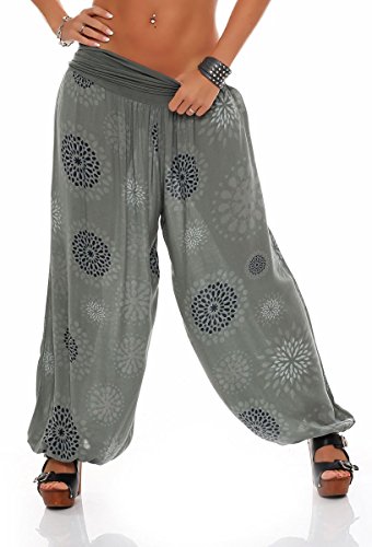 Malito – Damen Haremshose mit Print – Pumphose aus Baumwolle – Sommerhose für warme Tage – Stoffhose zum Tanzen, Chillen & Zumba – Aladinhose für Frauen 7181 (Oliv | Größe 34-40) von malito more than fashion