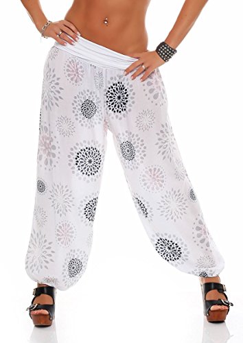 Malito – Damen Haremshose mit Print – Pumphose aus Baumwolle – Sommerhose für warme Tage – Stoffhose zum Tanzen, Chillen & Zumba – Aladinhose für Frauen 7181 (Weiß | Größe 34-40) von malito more than fashion