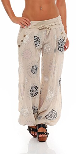 Malito – Haremshose Damen mit Print – Pumphose aus Baumwolle – Leichte Stoffhose – Sommerhose für warme Tage – Dünne Aladinhose für Frauen 3481 (Beige) von malito more than fashion