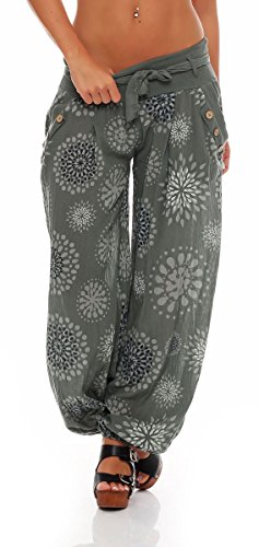 Malito – Haremshose Damen mit Print – Unisize Pumphose aus Baumwolle – Leichte Stoffhose – Sommerhose für warme Tage – Dünne Aladinhose für Frauen 3481 (Oliv) von malito more than fashion