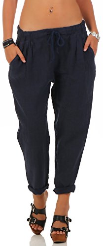 Malito Damen Hose aus Leinen | Stoffhose in Unifarben | Freizeithose für den Strand | Chino - Jogginghose 6816 (dunkelblau, L) von malito more than fashion