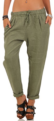 Malito Damen Hose aus Leinen | Stoffhose in Unifarben | Freizeithose für den Strand | Chino - Jogginghose 6816 (Oliv, L) von malito more than fashion