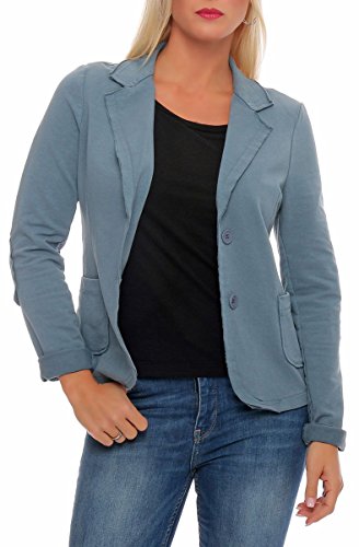 Malito – Damen Blazer im Used-Look mit Ellenbogen-Patches – Jackett mit 2 Knöpfen & Taschen – Jersey Sakko unifarben – sportliche Kurzjacke 1651 (Jeansblau | Größe L) von malito more than fashion