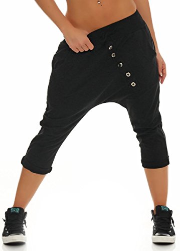 Malito - Damen Jogginhose kurz mit schräger Knopfleiste - Unisize Haremshose aus Baumwolle - Baggy Sweatpants zum Tanzen & Chillen – Aladinhose 8015 (Schwarz) von malito more than fashion